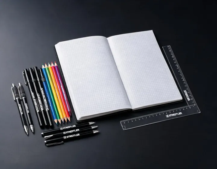 Staedtler premium pens and pencils on a drafting desk